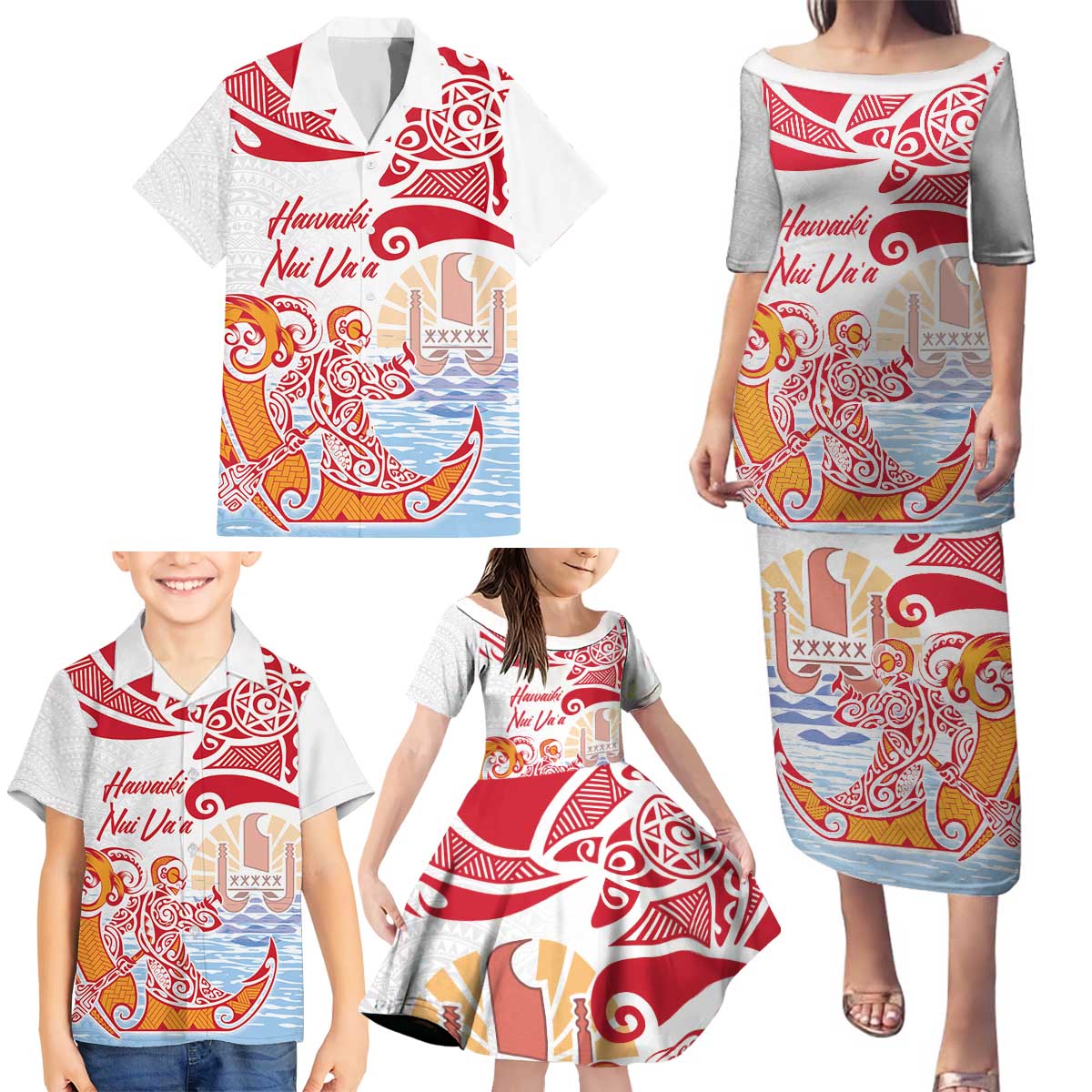 Hawaiki Nui Va'a Solo French Polynesia Family Matching Puletasi and Hawaiian Shirt Red Color