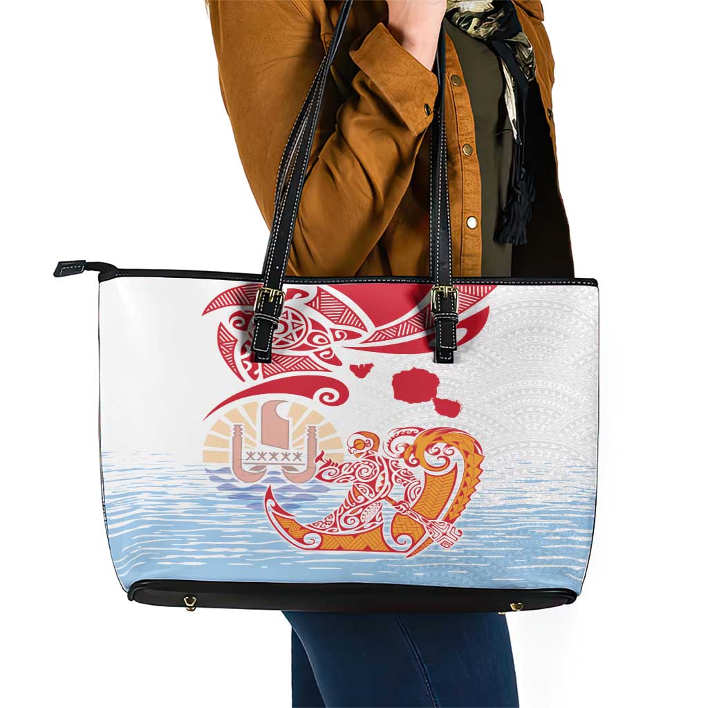 Hawaiki Nui Va'a Solo French Polynesia Leather Tote Bag Red Color LT03 - Polynesian Pride