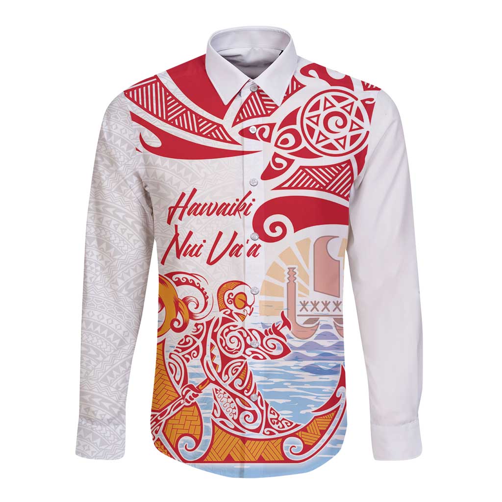 Hawaiki Nui Va'a Solo French Polynesia Long Sleeve Button Shirt Red Color