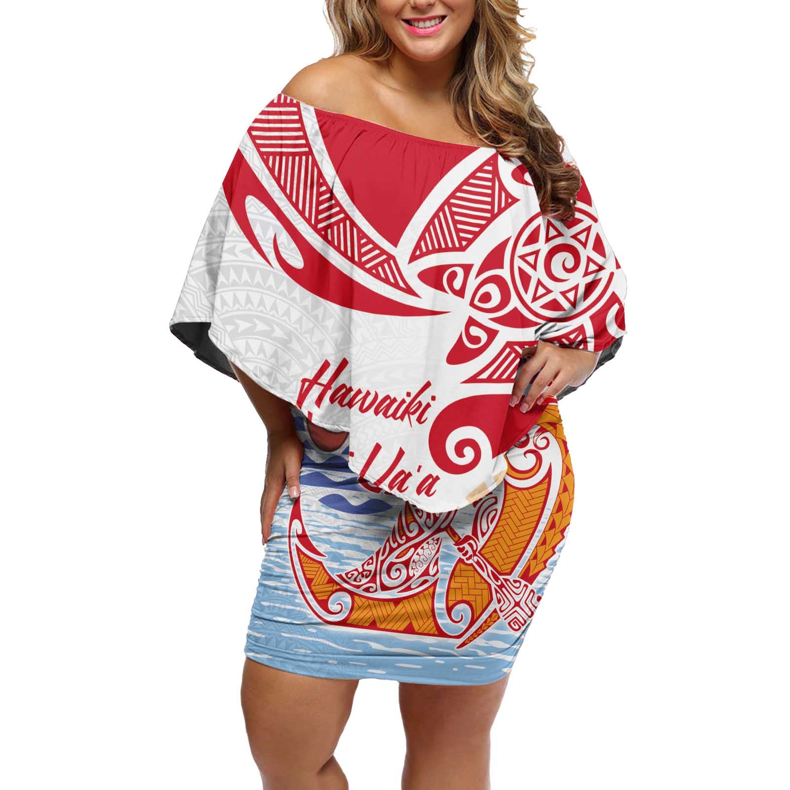 Hawaiki Nui Va'a Solo French Polynesia Off Shoulder Short Dress Red Color LT03 Women Red - Polynesian Pride
