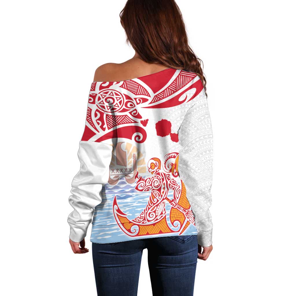 Hawaiki Nui Va'a Solo French Polynesia Off Shoulder Sweater Red Color