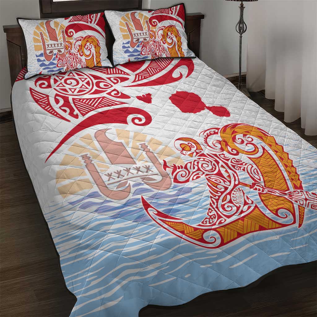 Hawaiki Nui Va'a Solo French Polynesia Quilt Bed Set Red Color