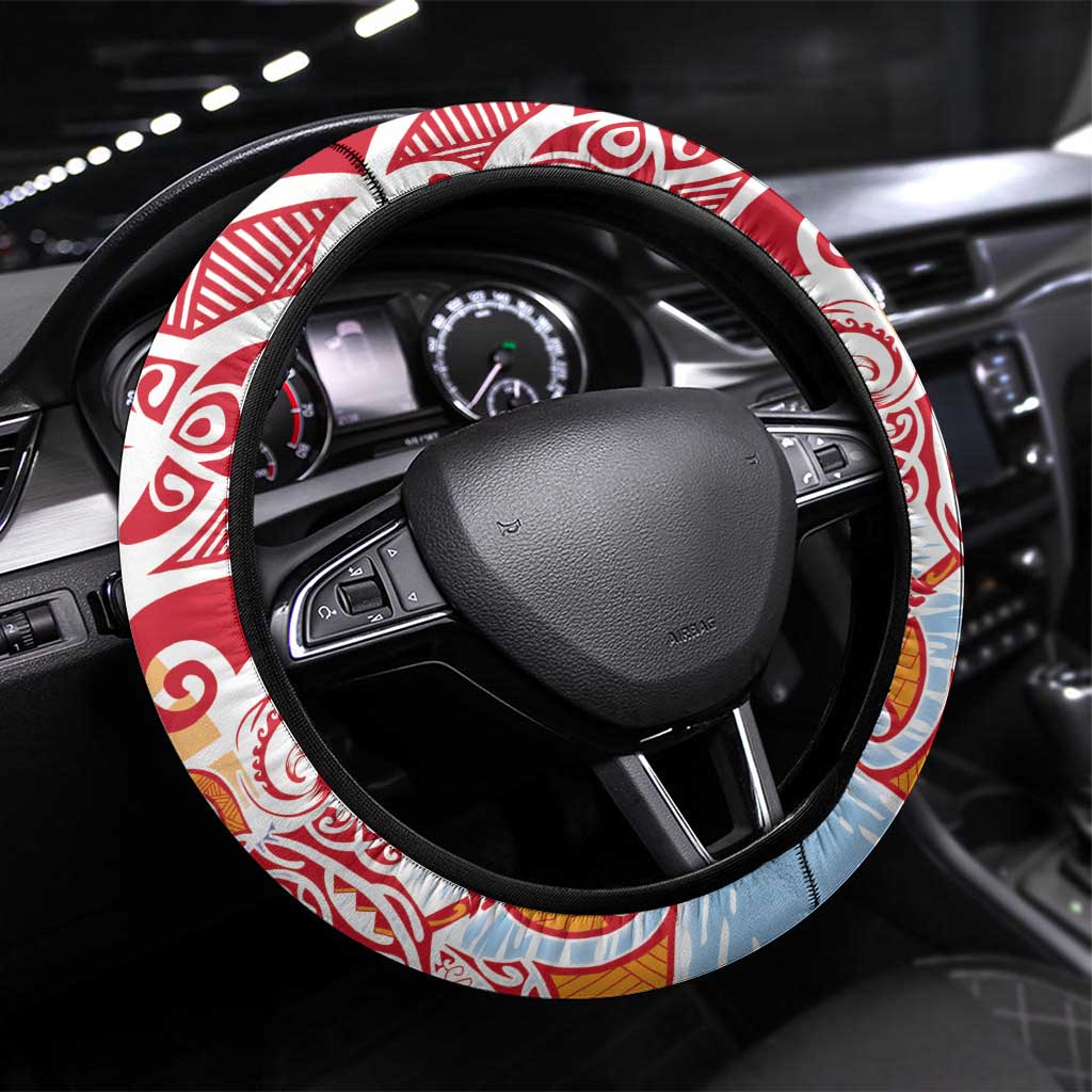 Hawaiki Nui Va'a Solo French Polynesia Steering Wheel Cover Red Color LT03 Universal Fit Red - Polynesian Pride