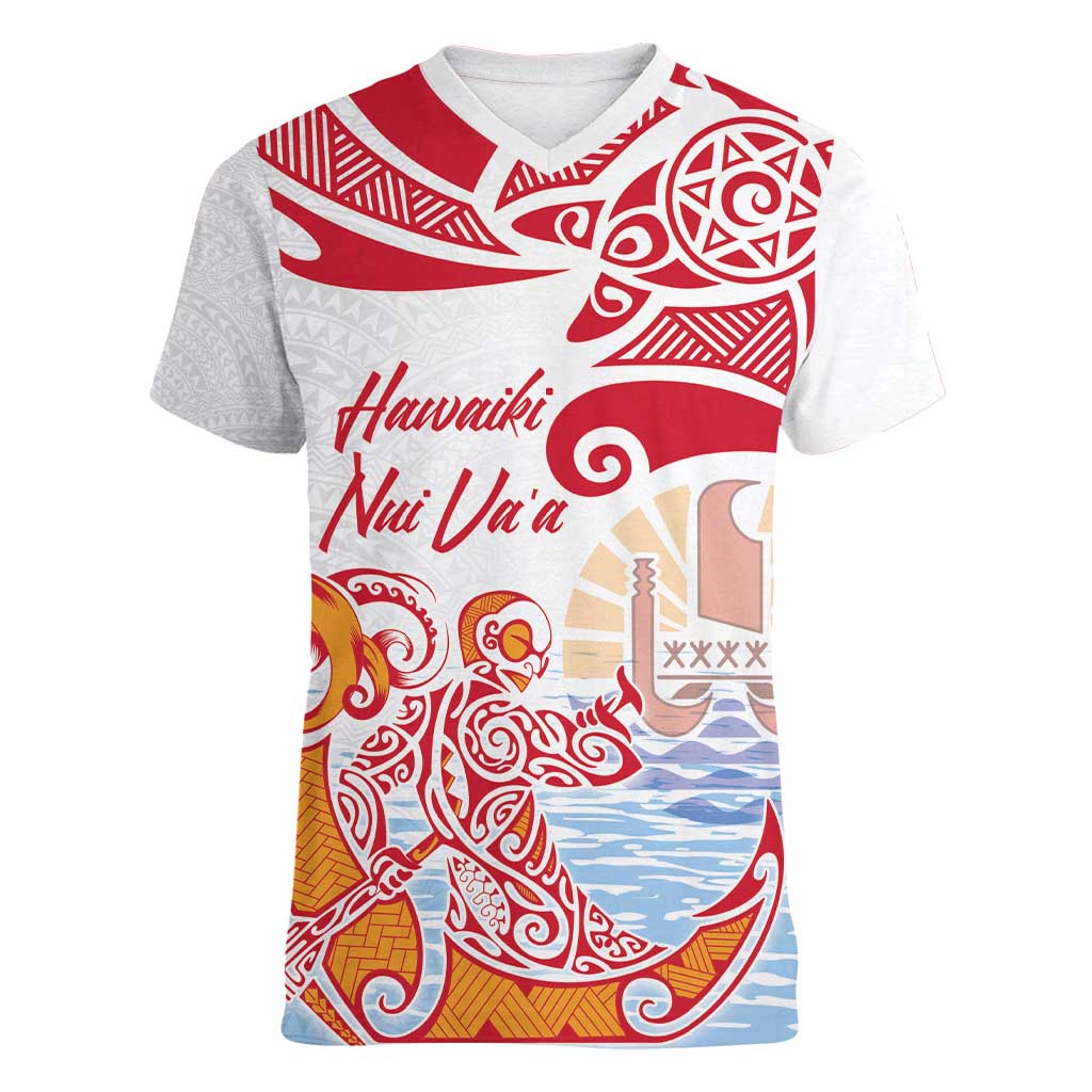 Hawaiki Nui Va'a Solo French Polynesia Women V-Neck T-Shirt Red Color