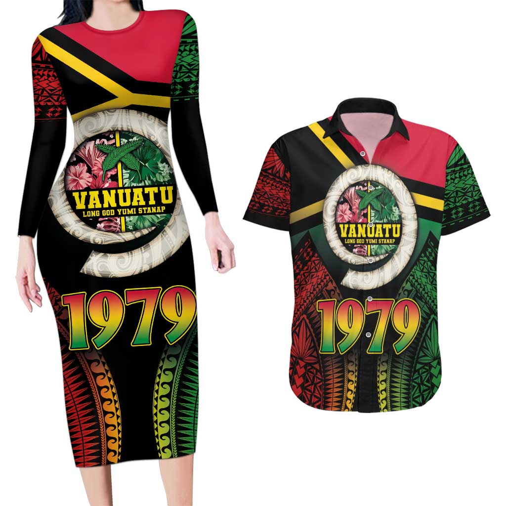 Vanuatu Constitution Day Couples Matching Long Sleeve Bodycon Dress and Hawaiian Shirt Polynesian Tattoo and Pig Tusk Since 1979