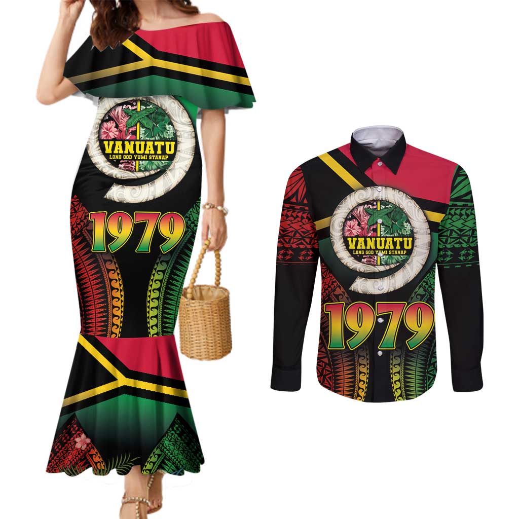Vanuatu Constitution Day Couples Matching Mermaid Dress and Long Sleeve Button Shirt Polynesian Tattoo and Pig Tusk Since 1979 LT03 Black - Polynesian Pride