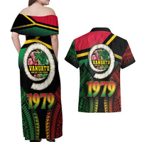 Vanuatu Constitution Day Couples Matching Off Shoulder Maxi Dress and Hawaiian Shirt Polynesian Tattoo and Pig Tusk Since 1979