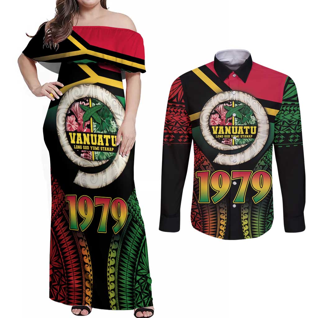 Vanuatu Constitution Day Couples Matching Off Shoulder Maxi Dress and Long Sleeve Button Shirt Polynesian Tattoo and Pig Tusk Since 1979