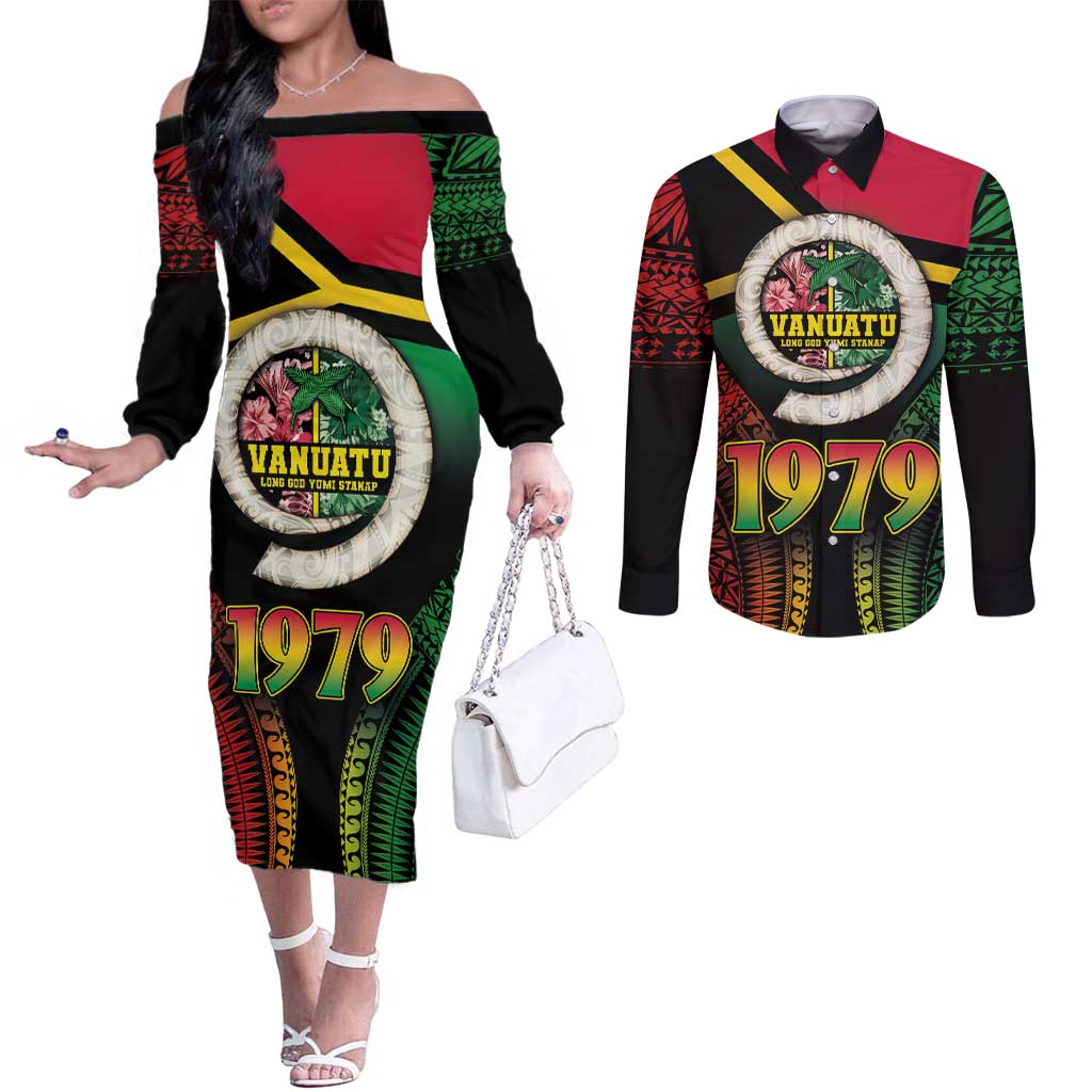 Vanuatu Constitution Day Couples Matching Off The Shoulder Long Sleeve Dress and Long Sleeve Button Shirt Polynesian Tattoo and Pig Tusk Since 1979 LT03 Black - Polynesian Pride