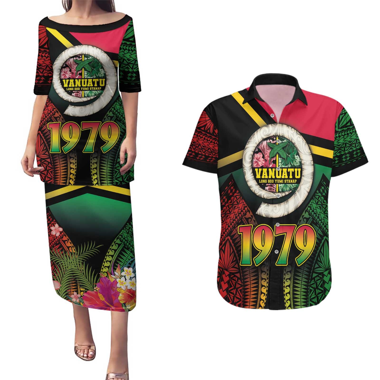 Vanuatu Constitution Day Couples Matching Puletasi and Hawaiian Shirt Polynesian Tattoo and Pig Tusk Since 1979 LT03 Black - Polynesian Pride