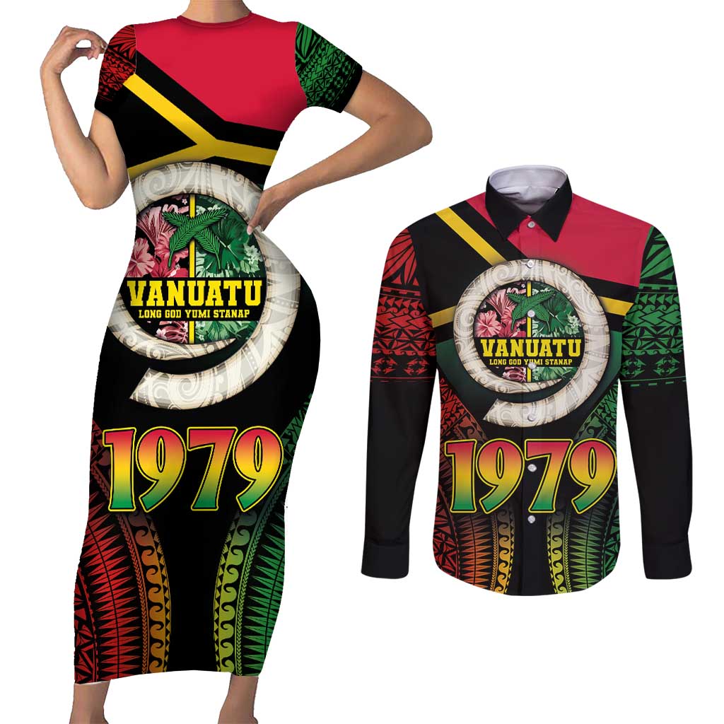 Vanuatu Constitution Day Couples Matching Short Sleeve Bodycon Dress and Long Sleeve Button Shirt Polynesian Tattoo and Pig Tusk Since 1979