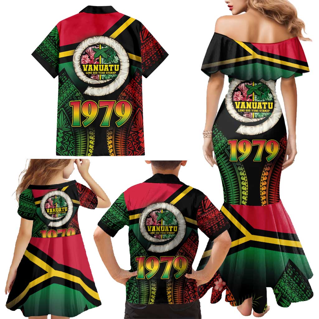 Vanuatu Constitution Day Family Matching Mermaid Dress and Hawaiian Shirt Polynesian Tattoo and Pig Tusk Since 1979