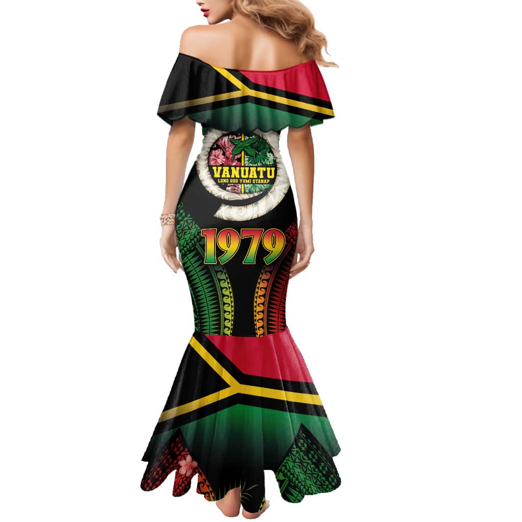 Vanuatu Constitution Day Family Matching Mermaid Dress and Hawaiian Shirt Polynesian Tattoo and Pig Tusk Since 1979