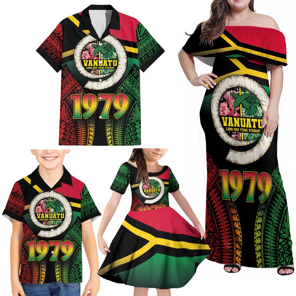 Vanuatu Constitution Day Family Matching Off Shoulder Maxi Dress and Hawaiian Shirt Polynesian Tattoo and Pig Tusk Since 1979 LT03 - Polynesian Pride