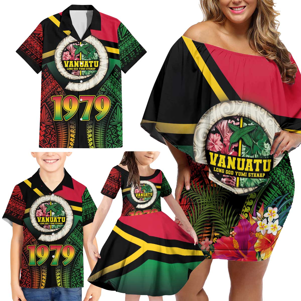 Vanuatu Constitution Day Family Matching Off Shoulder Short Dress and Hawaiian Shirt Polynesian Tattoo and Pig Tusk Since 1979 LT03 - Polynesian Pride