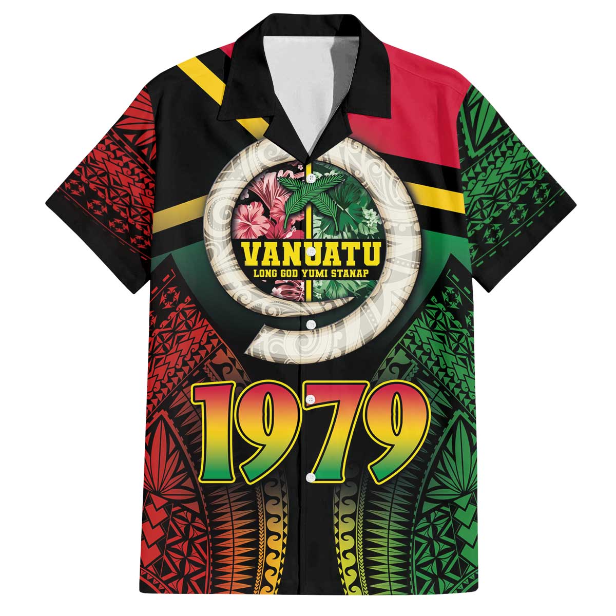 Vanuatu Constitution Day Family Matching Off Shoulder Short Dress and Hawaiian Shirt Polynesian Tattoo and Pig Tusk Since 1979 LT03 Dad's Shirt - Short Sleeve Black - Polynesian Pride