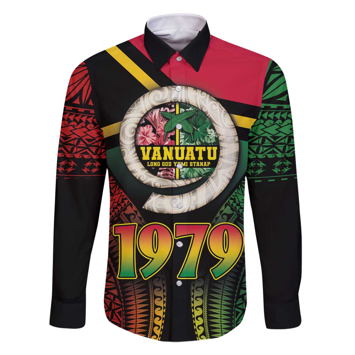 Vanuatu Constitution Day Family Matching Off Shoulder Short Dress and Hawaiian Shirt Polynesian Tattoo and Pig Tusk Since 1979 LT03 Dad's Shirt - Long Sleeve Black - Polynesian Pride