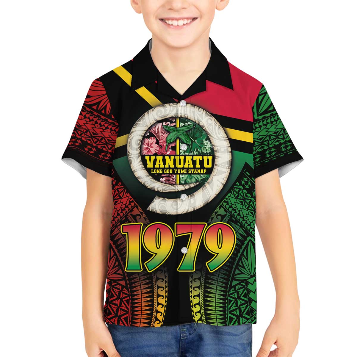 Vanuatu Constitution Day Family Matching Puletasi and Hawaiian Shirt Polynesian Tattoo and Pig Tusk Since 1979