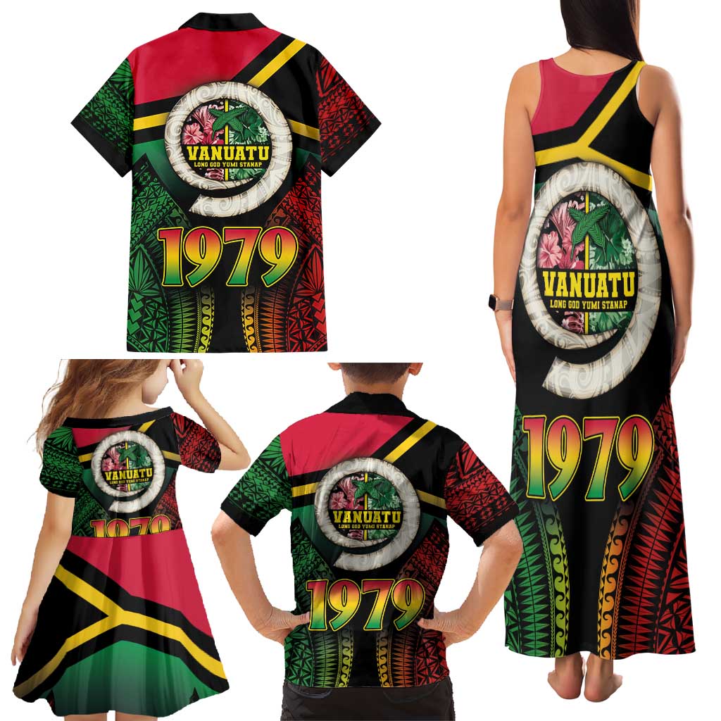 Vanuatu Constitution Day Family Matching Tank Maxi Dress and Hawaiian Shirt Polynesian Tattoo and Pig Tusk Since 1979