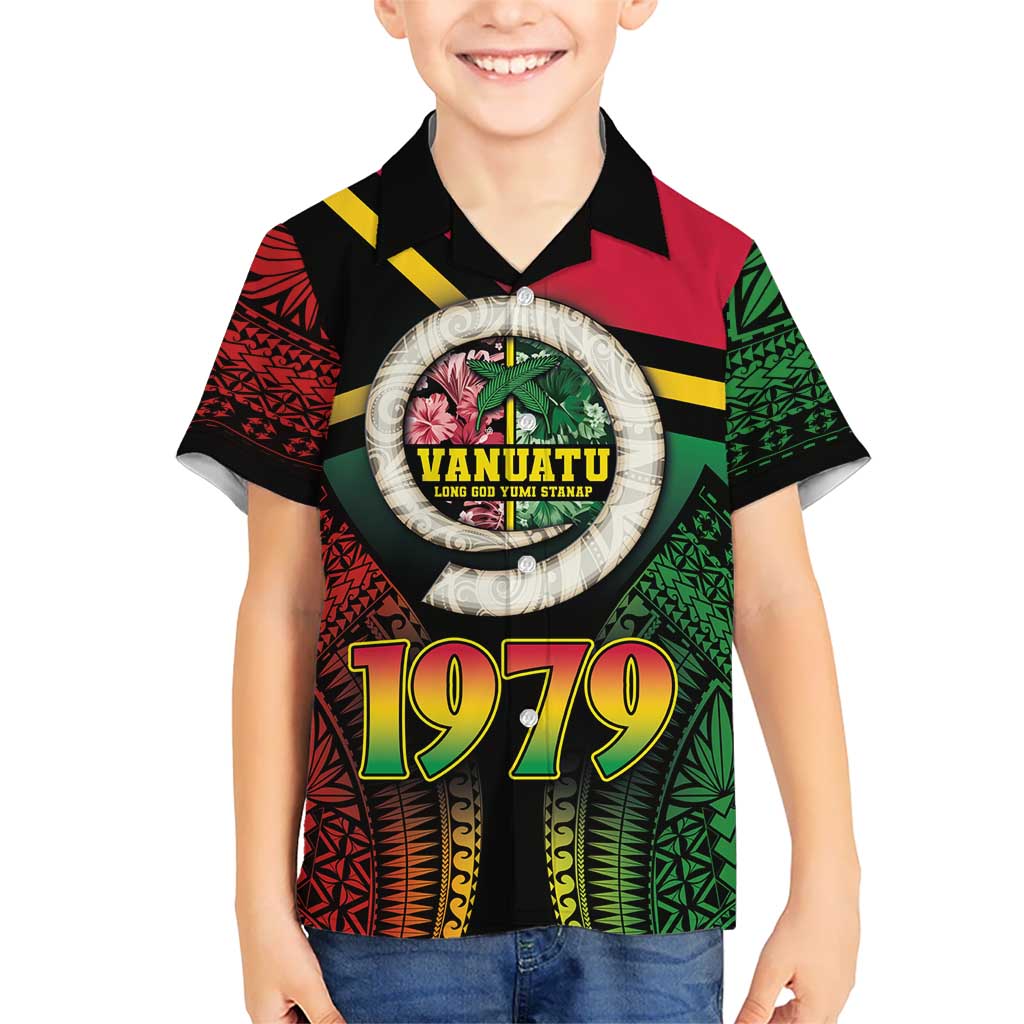 Vanuatu Constitution Day Kid Hawaiian Shirt Polynesian Tattoo and Pig Tusk Since 1979