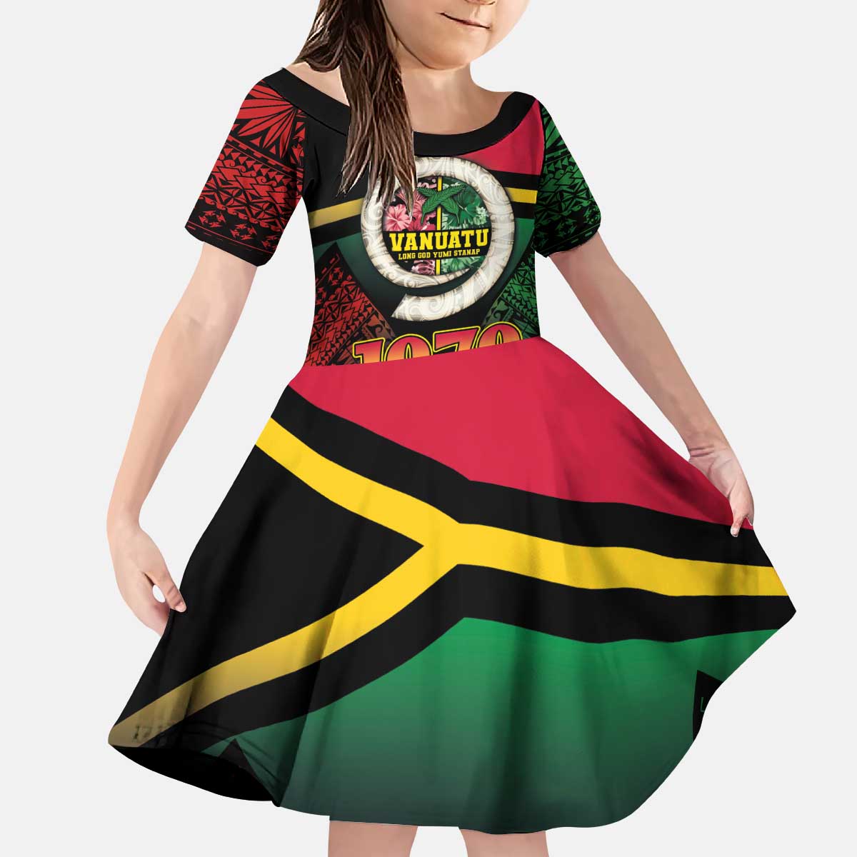 Vanuatu Constitution Day Kid Short Sleeve Dress Polynesian Tattoo and Pig Tusk Since 1979