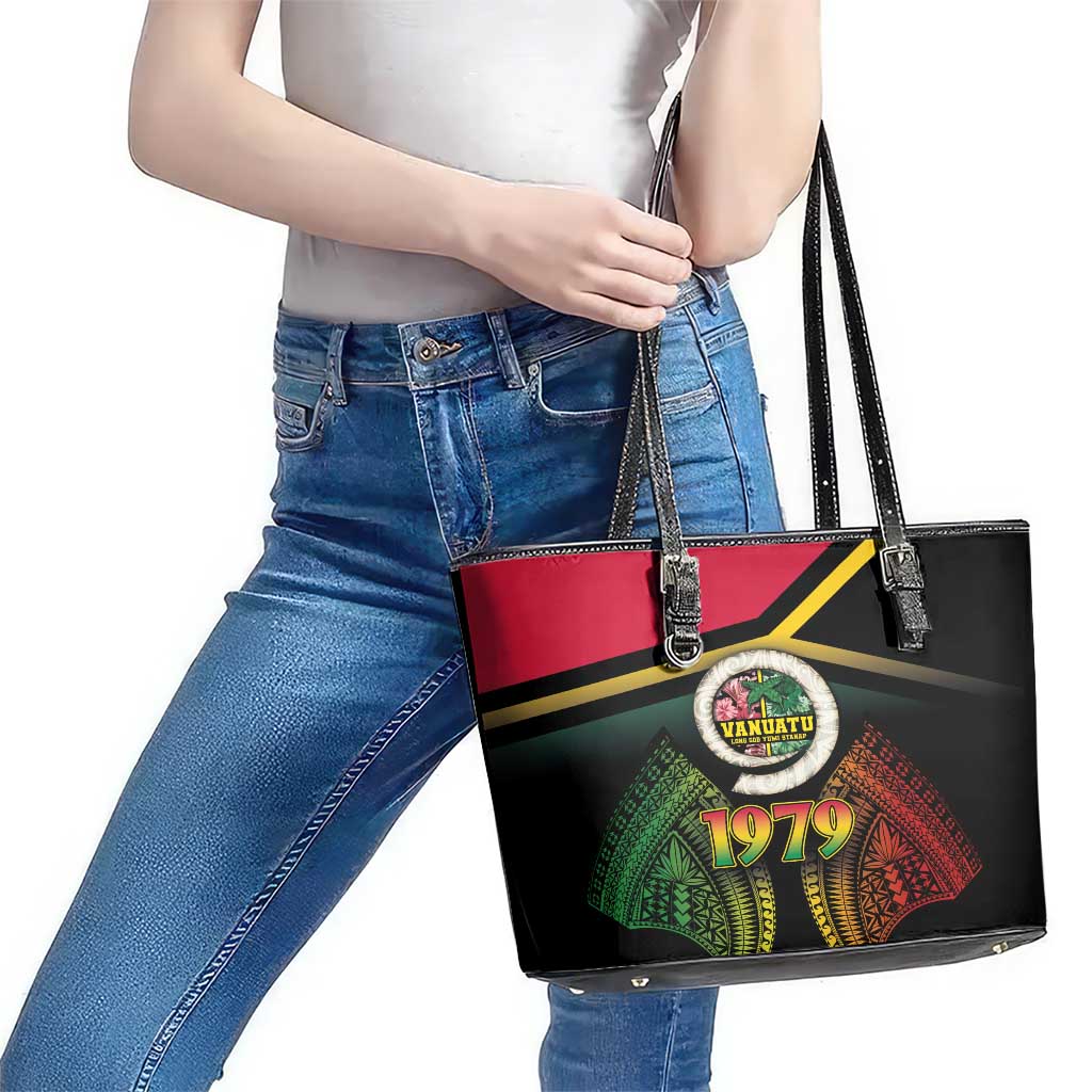 Vanuatu Constitution Day Leather Tote Bag Polynesian Tattoo and Pig Tusk Since 1979