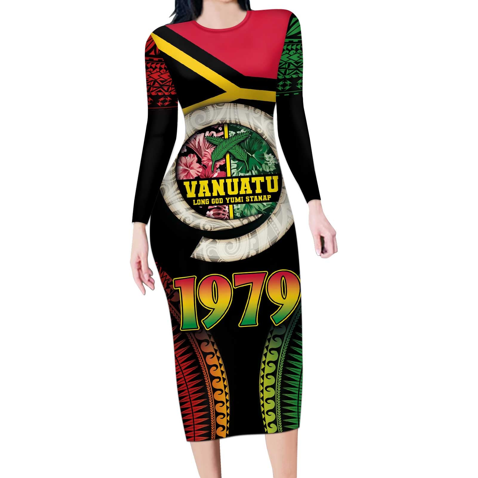 Vanuatu Constitution Day Long Sleeve Bodycon Dress Polynesian Tattoo and Pig Tusk Since 1979