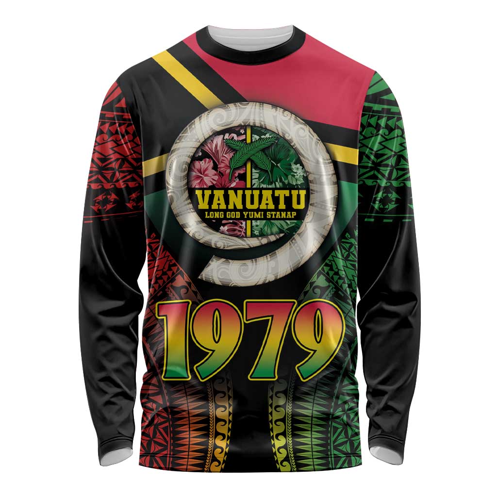 Vanuatu Constitution Day Long Sleeve Shirt Polynesian Tattoo and Pig Tusk Since 1979