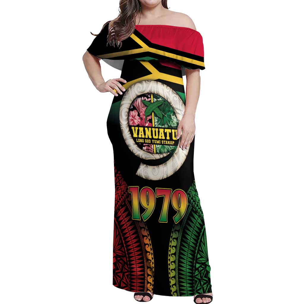 Vanuatu Constitution Day Off Shoulder Maxi Dress Polynesian Tattoo and Pig Tusk Since 1979 LT03 Women Black - Polynesian Pride