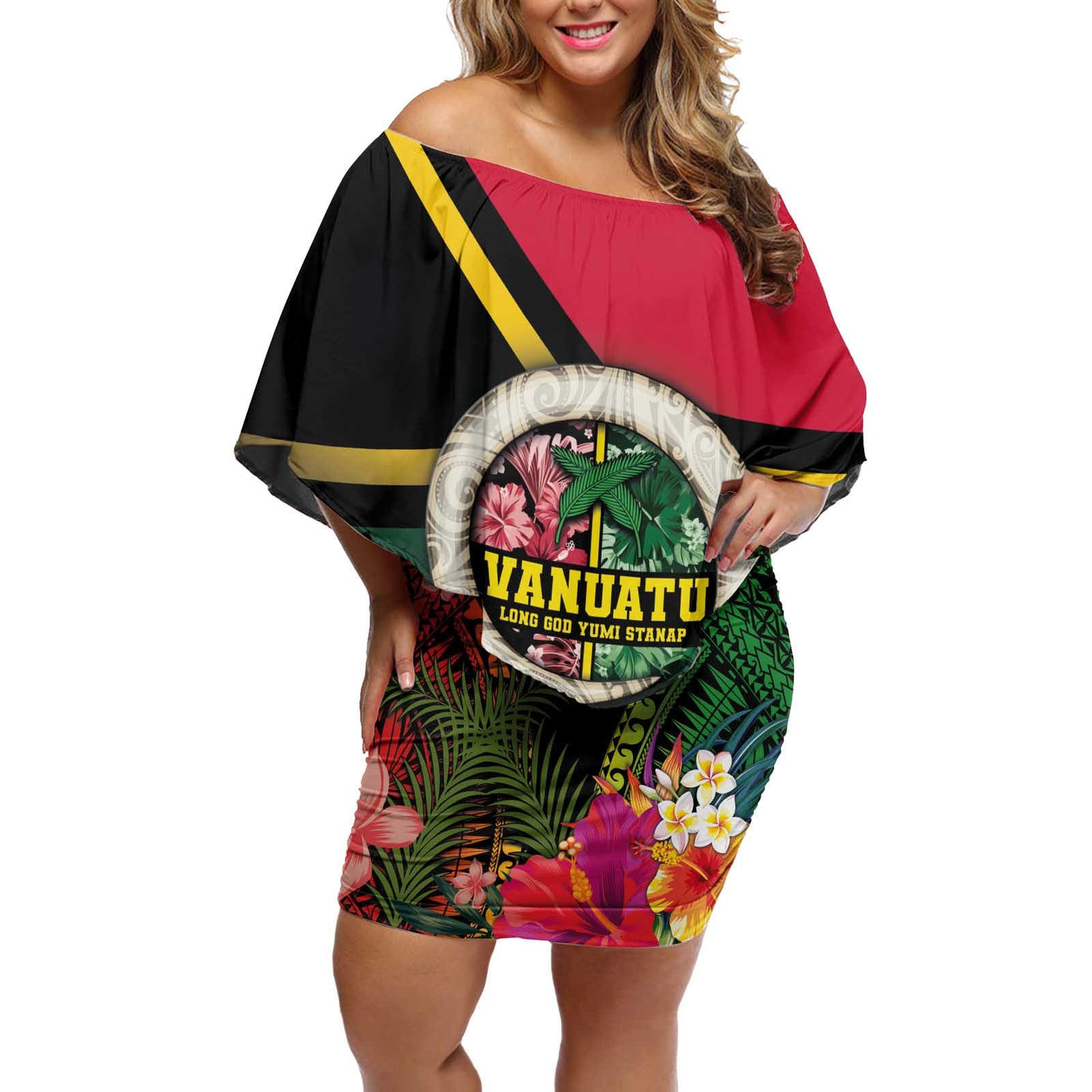 Vanuatu Constitution Day Off Shoulder Short Dress Polynesian Tattoo and Pig Tusk Since 1979 LT03 Women Black - Polynesian Pride