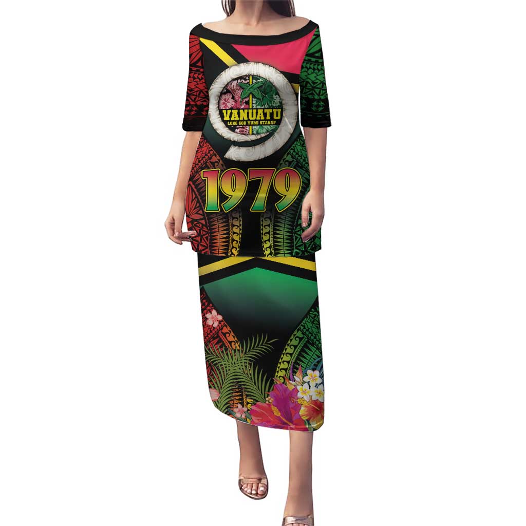 Vanuatu Constitution Day Puletasi Polynesian Tattoo and Pig Tusk Since 1979 LT03 Long Dress Black - Polynesian Pride