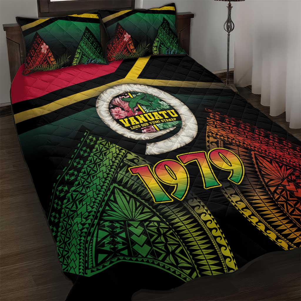 Vanuatu Constitution Day Quilt Bed Set Polynesian Tattoo and Pig Tusk Since 1979