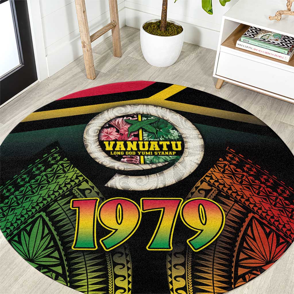 Vanuatu Constitution Day Round Carpet Polynesian Tattoo and Pig Tusk Since 1979