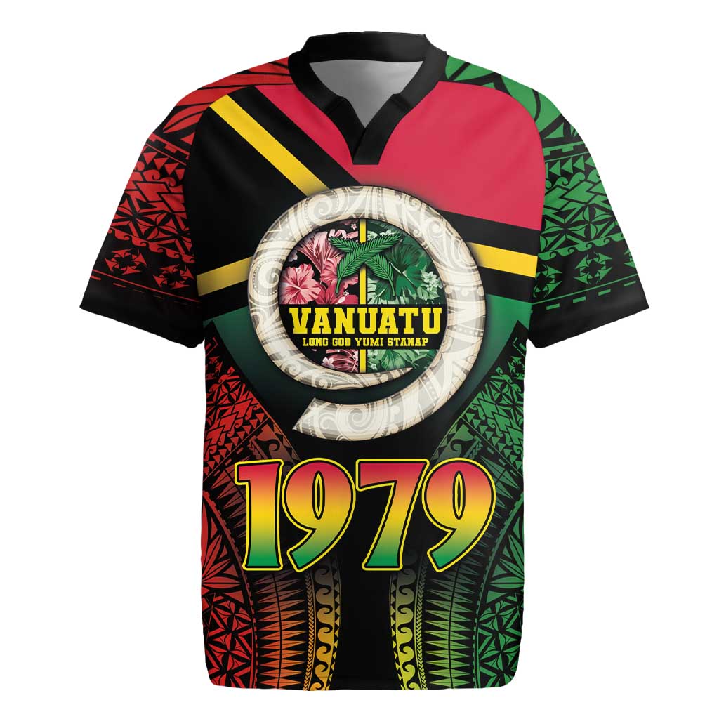 Vanuatu Constitution Day Rugby Jersey Polynesian Tattoo and Pig Tusk Since 1979 LT03 Black - Polynesian Pride
