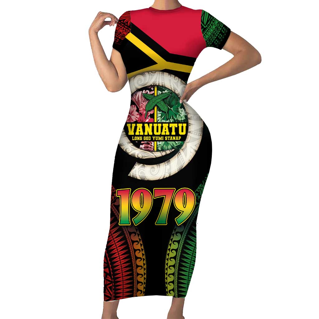 Vanuatu Constitution Day Short Sleeve Bodycon Dress Polynesian Tattoo and Pig Tusk Since 1979