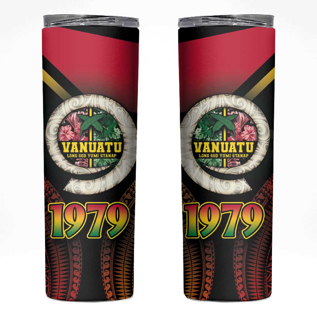 Vanuatu Constitution Day Skinny Tumbler Polynesian Tattoo and Pig Tusk Since 1979