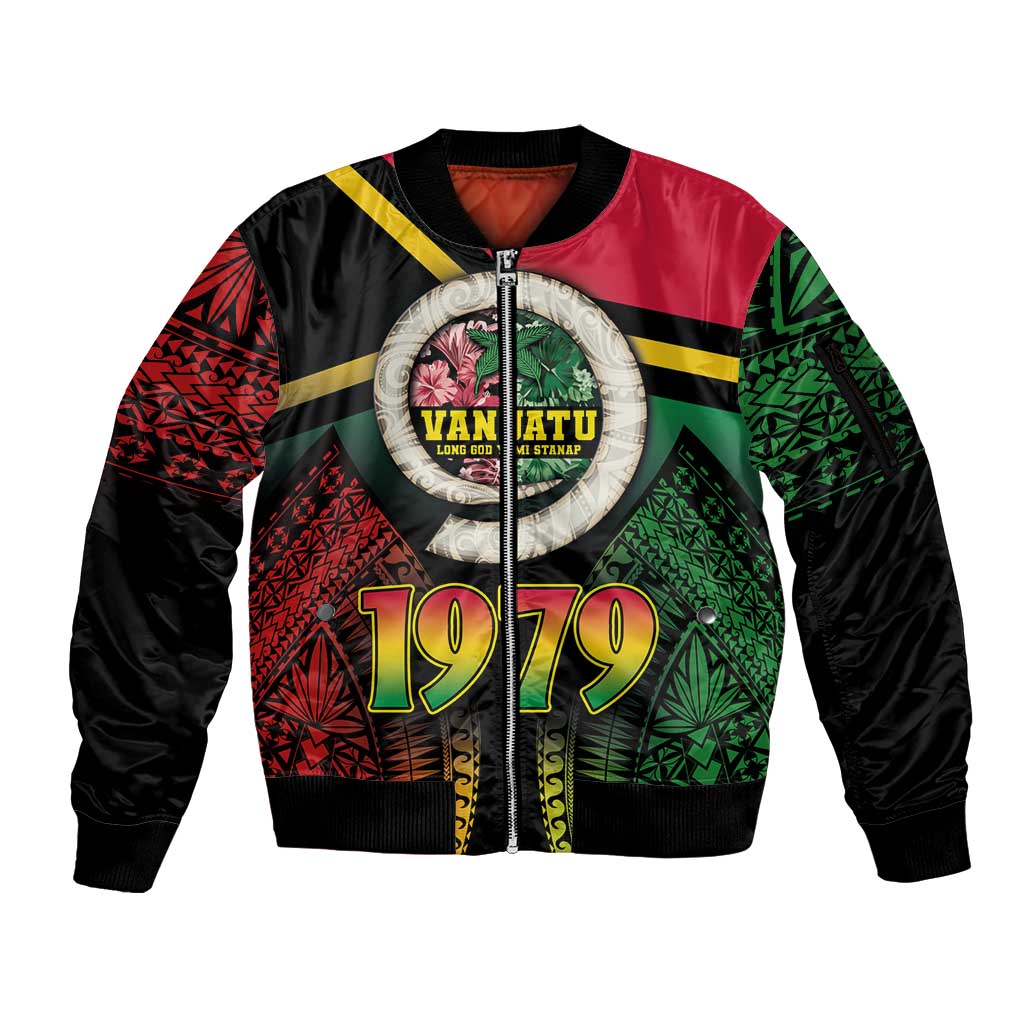 Vanuatu Constitution Day Sleeve Zip Bomber Jacket Polynesian Tattoo and Pig Tusk Since 1979