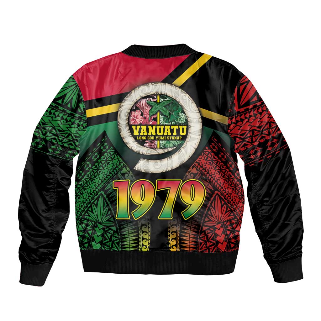 Vanuatu Constitution Day Sleeve Zip Bomber Jacket Polynesian Tattoo and Pig Tusk Since 1979