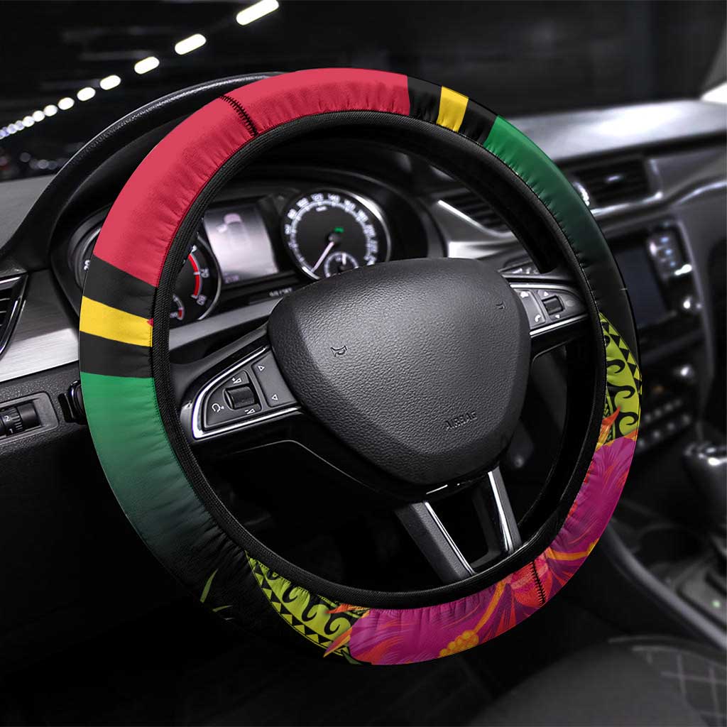 Vanuatu Constitution Day Steering Wheel Cover Polynesian Tattoo and Pig Tusk Since 1979 LT03 Universal Fit Black - Polynesian Pride