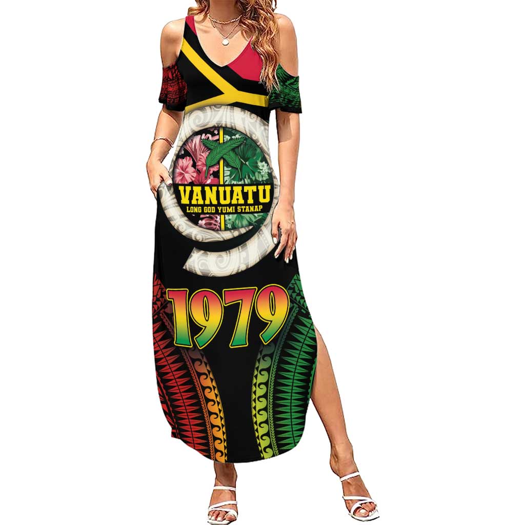 Vanuatu Constitution Day Summer Maxi Dress Polynesian Tattoo and Pig Tusk Since 1979 LT03 Women Black - Polynesian Pride