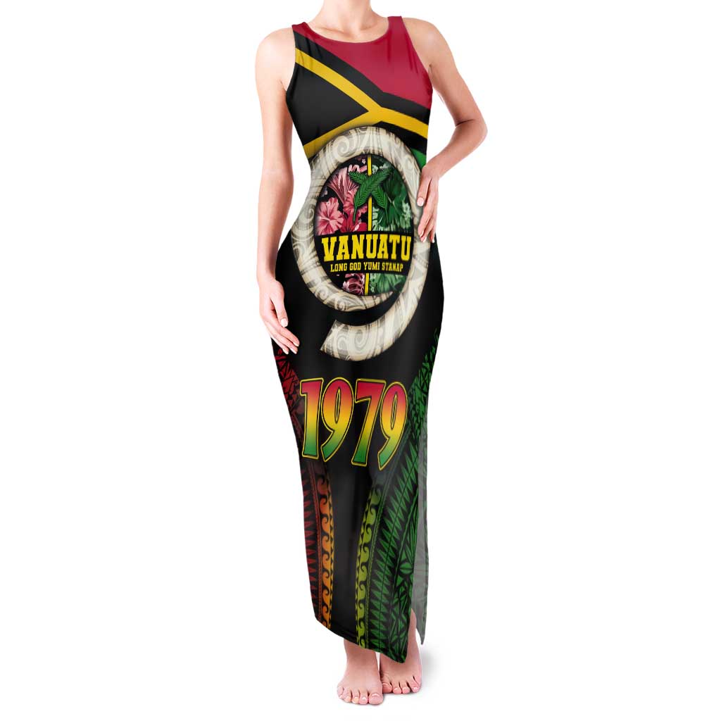 Vanuatu Constitution Day Tank Maxi Dress Polynesian Tattoo and Pig Tusk Since 1979 LT03 Women Black - Polynesian Pride