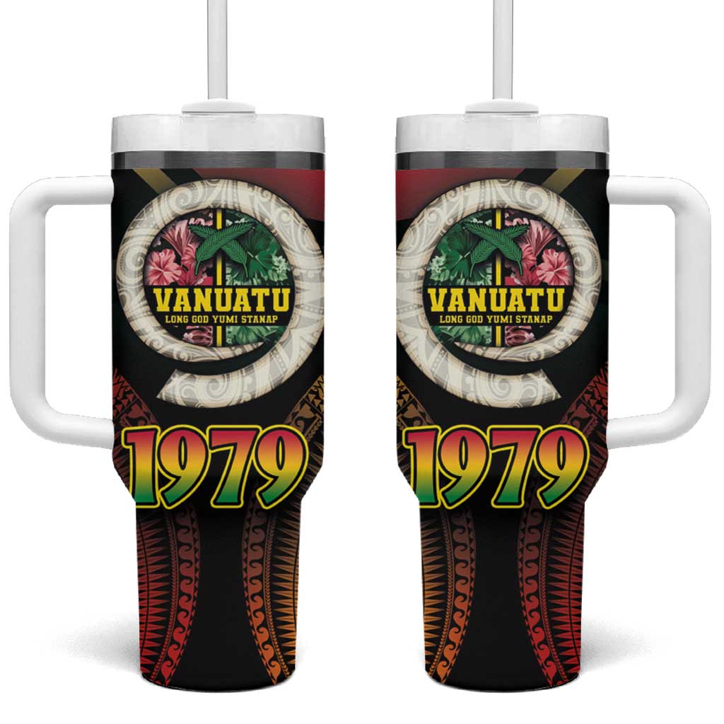Vanuatu Constitution Day Tumbler With Handle Polynesian Tattoo and Pig Tusk Since 1979 LT03 One Size: 40 oz Black - Polynesian Pride
