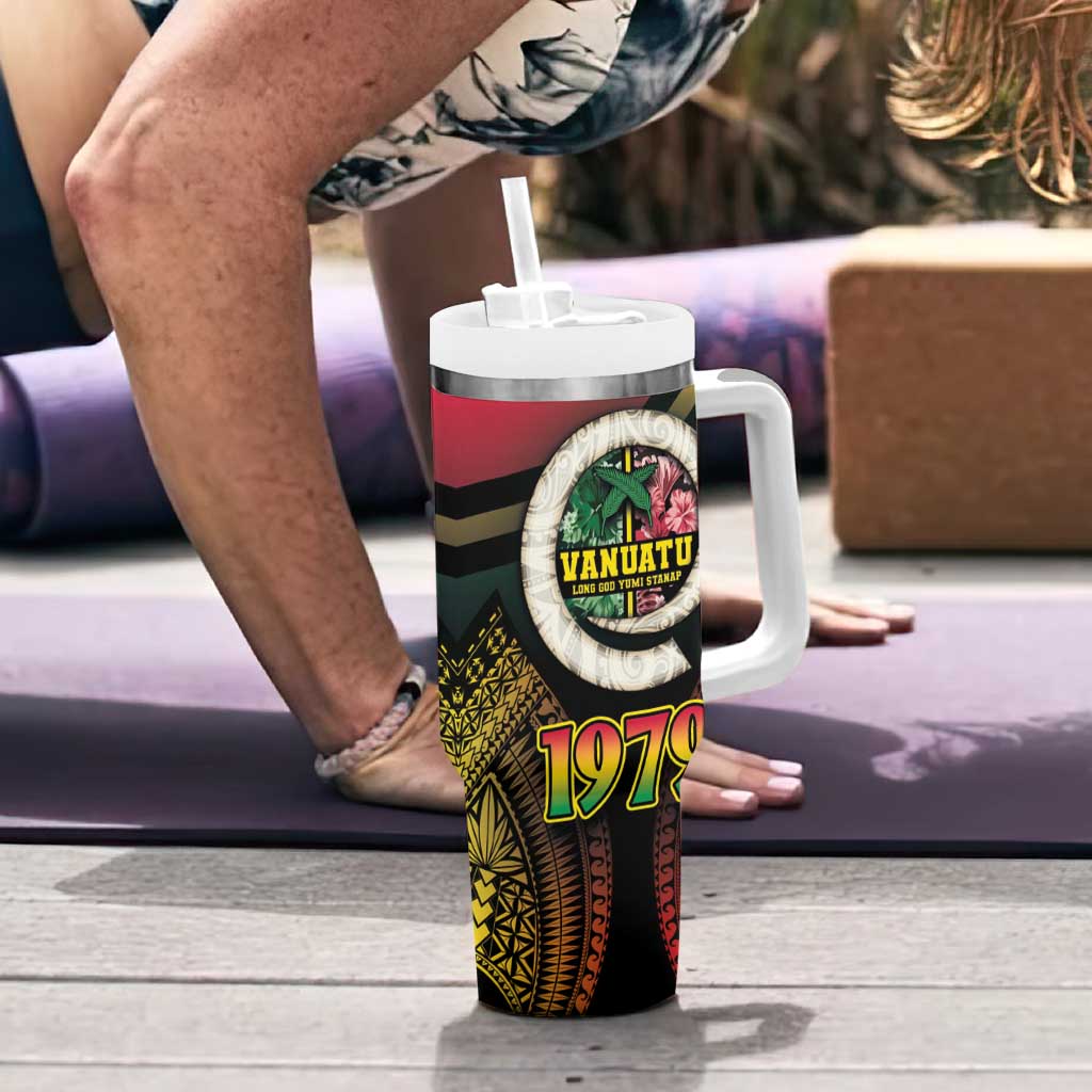 Vanuatu Constitution Day Tumbler With Handle Polynesian Tattoo and Pig Tusk Since 1979 LT03 - Polynesian Pride