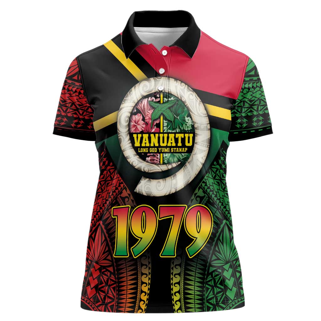 Vanuatu Constitution Day Women Polo Shirt Polynesian Tattoo and Pig Tusk Since 1979