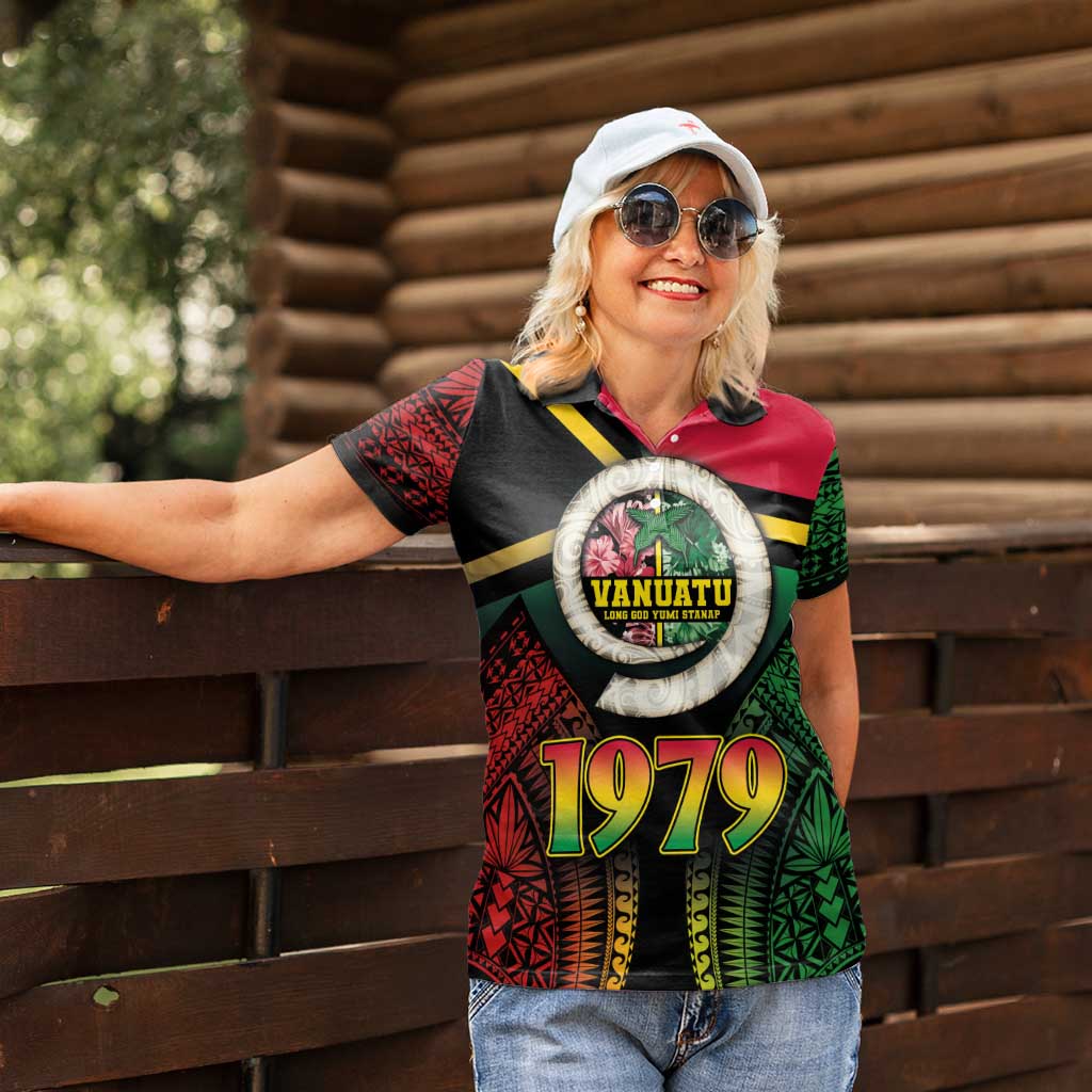 Vanuatu Constitution Day Women Polo Shirt Polynesian Tattoo and Pig Tusk Since 1979
