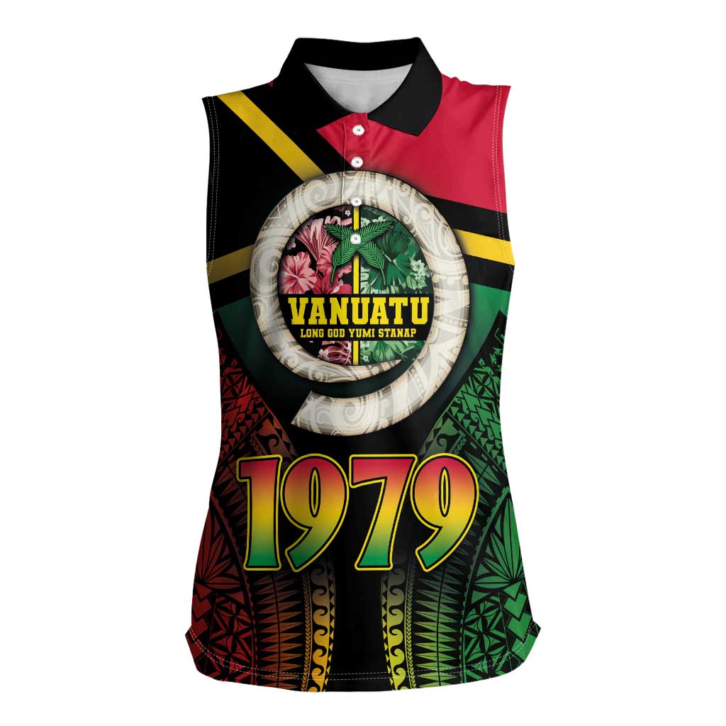 Vanuatu Constitution Day Women Sleeveless Polo Shirt Polynesian Tattoo and Pig Tusk Since 1979