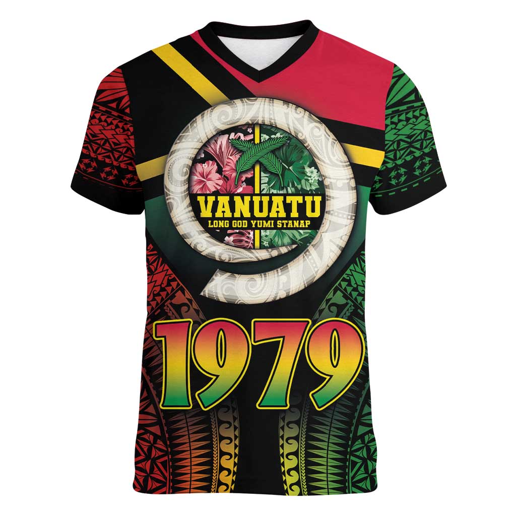 Vanuatu Constitution Day Women V-Neck T-Shirt Polynesian Tattoo and Pig Tusk Since 1979