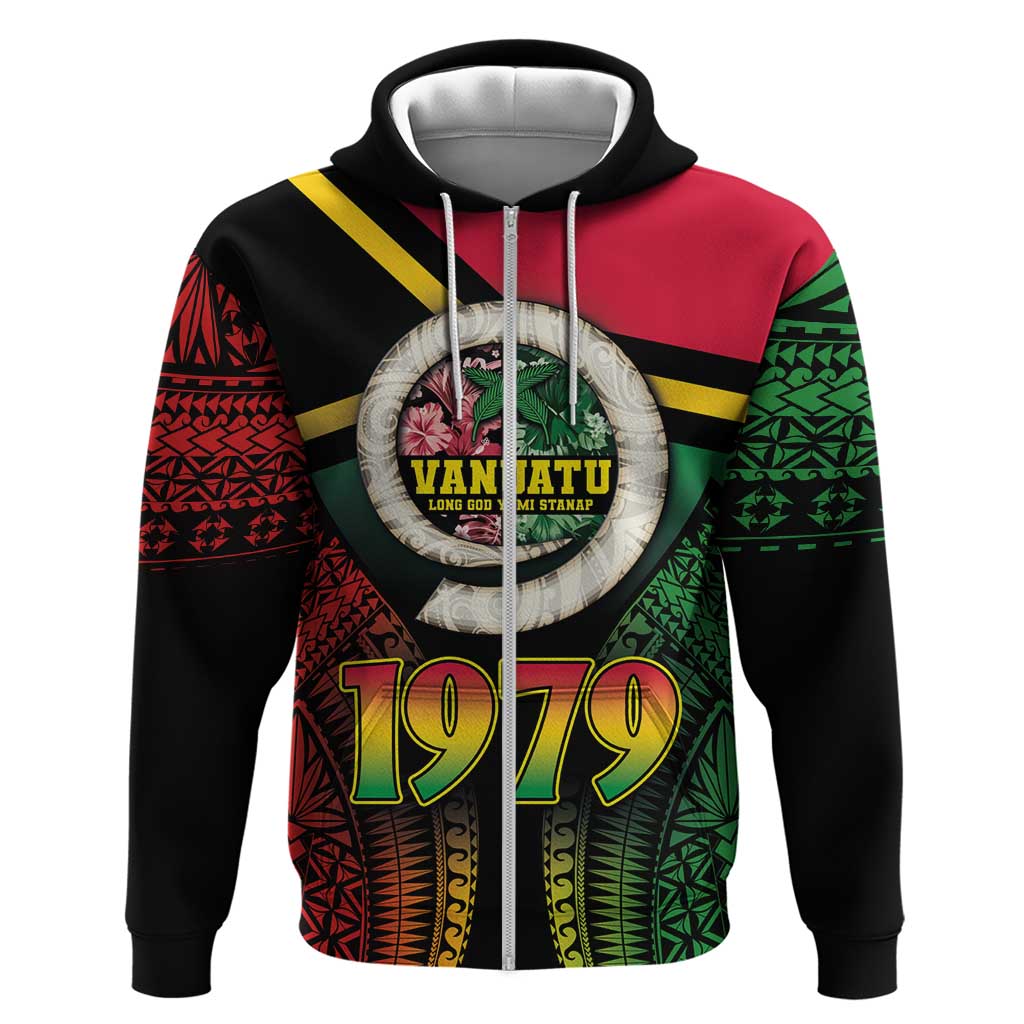 Vanuatu Constitution Day Zip Hoodie Polynesian Tattoo and Pig Tusk Since 1979