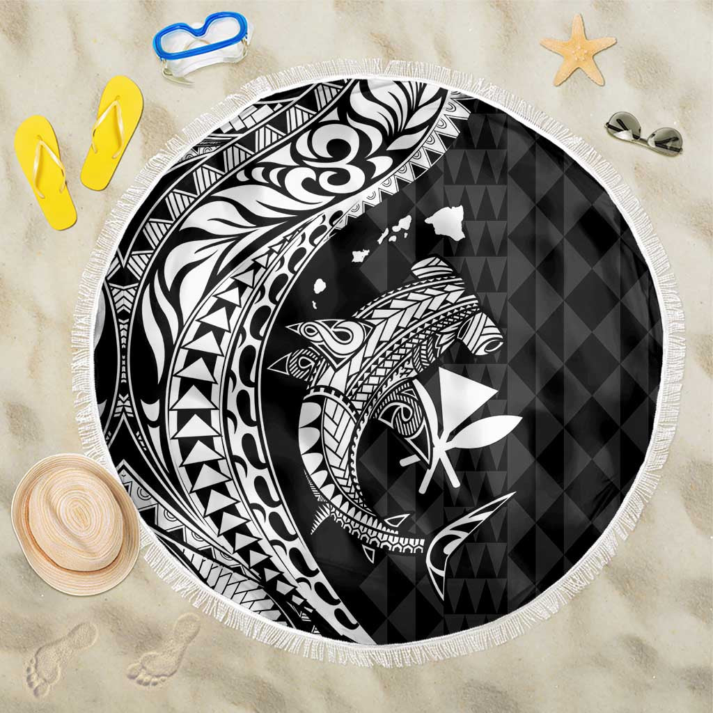Aloha Hawaii Hammerhead Shark Beach Blanket Black Kakau and Polynesian Tattoo LT03 One Size 150cm Black - Polynesian Pride