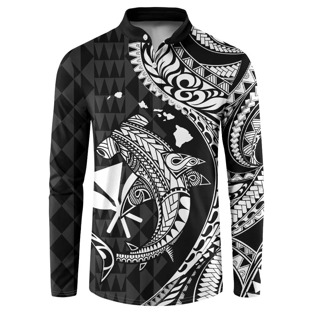 Aloha Hawaii Hammerhead Shark Button Sweatshirt Black Kakau and Polynesian Tattoo LT03 Black - Polynesian Pride